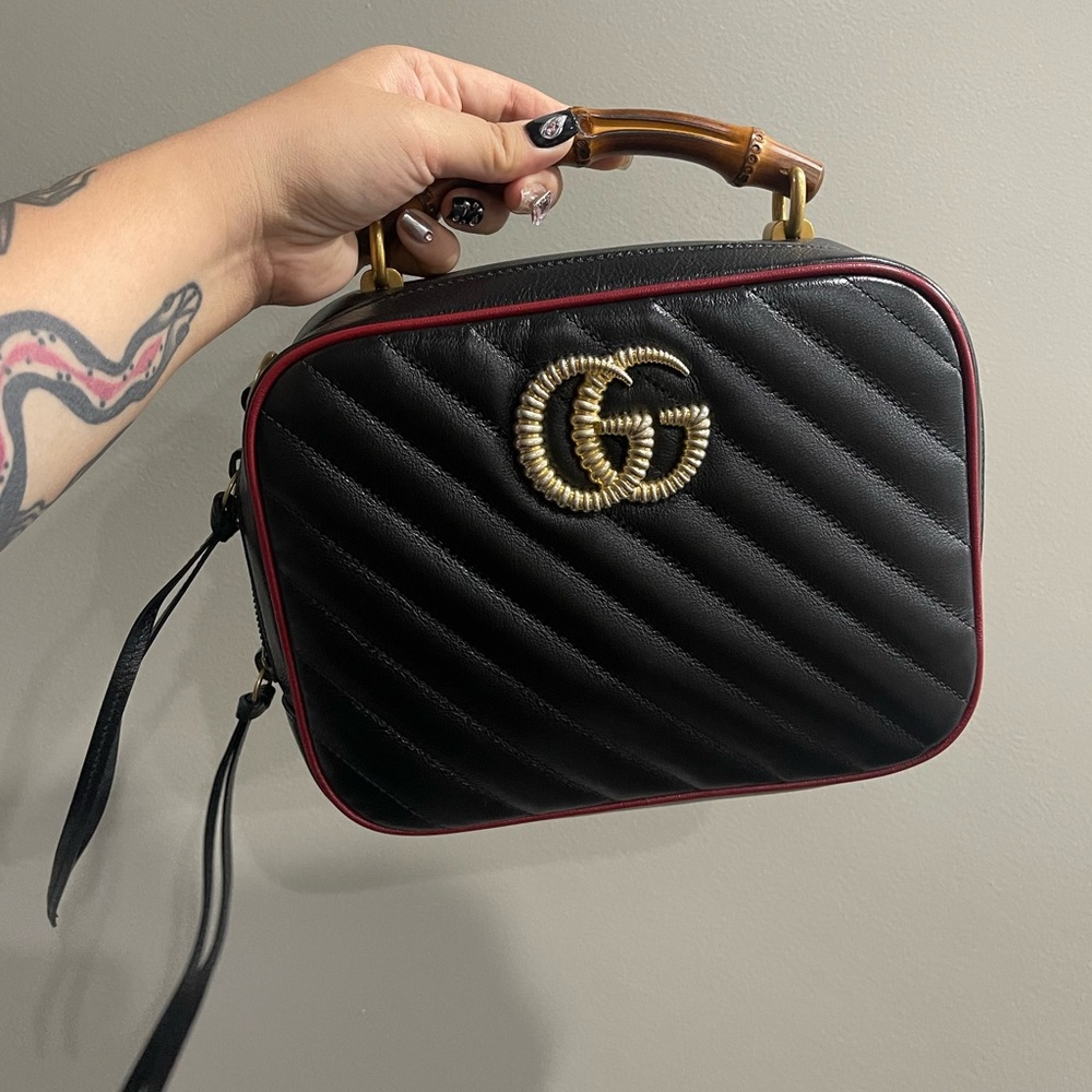 Gucci Marmont Torchon Bamboo Camera Bag Diagonal Quilted Leather Small